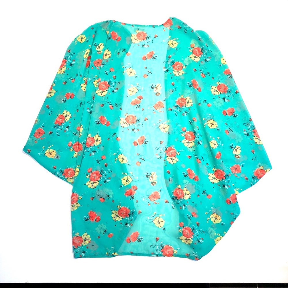 Charming Charlie Aqua Floral Kimono Cardigan
